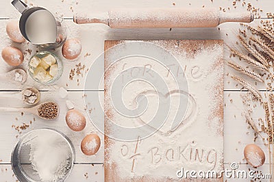 Love baking background, flour with drawn heart Stock Photo