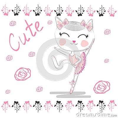 Love ballet. Doodle of cute dancing ballet cat Vector Illustration