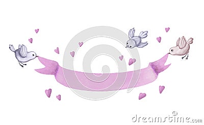 love banner with hearts and birds, romantic background, watercolor style valentines illustration Cartoon Illustration