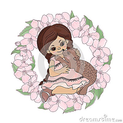 LOVE BEAR Girl Sakura Wreath Animal Vector Illustration Set Stock Photo