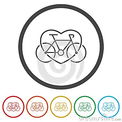 Love bike logo. Set icons in color circle buttons Vector Illustration