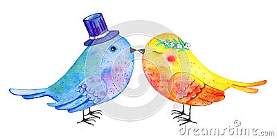 Love birds couple kissing. Hand drawn watercolor illustration for St Valentine`s day Cartoon Illustration