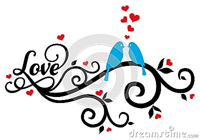 Love birds with red hearts, vector Vector Illustration