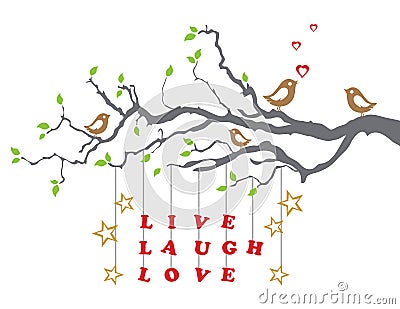Love birds on a tree branch with live laugh love Vector Illustration