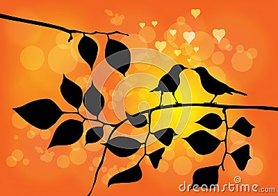 Love Birds on a Tree with Sunset Vector Vector Illustration
