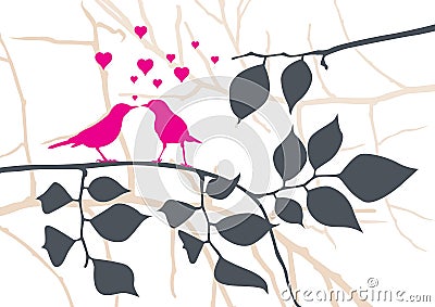 Love Birds on a Tree - Vector Vector Illustration