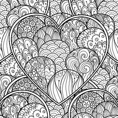 Love black and white seamless pattern for coloring book. Heart mandala outline background Vector Illustration