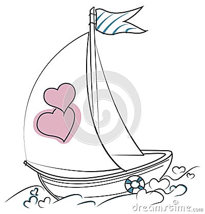 Love boat with two hearts on the waves of hearts. Stock Photo