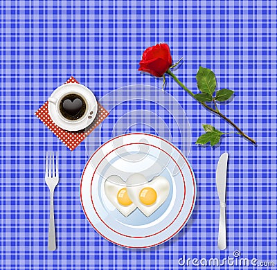 Love breakfast. Heart shaped fried eggs with red rose. Vector Illustration