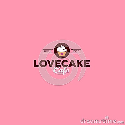 Love cake logo. Cake with cream on dark circle. Cafe emblem. Vector Illustration