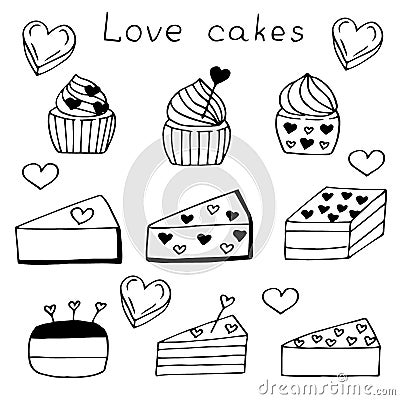 Love cakes set vector illustration, hand drawing sketch Vector Illustration