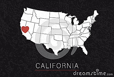 Love California Picture. Map of United States with Heart as City Point. Vector Stock Illustration Stock Photo