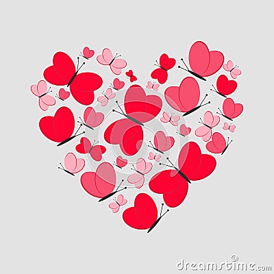 Love Card. Cute Heart from Red Butterflies. Vector Illustration Vector Illustration