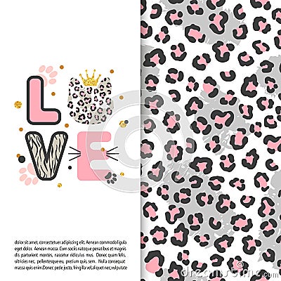 Love card with cute leopard cat for kids. Animal print Vector Illustration