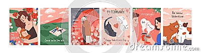 Love card designs set for Saint Valentine Day. Cute romantic vertical postcards templates with people and cats couples Vector Illustration