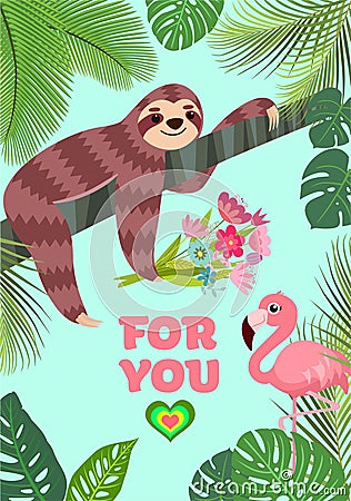 Love card. Flamingo and sloth with a bouquet. Tropical vector illustration. Cartoon Illustration