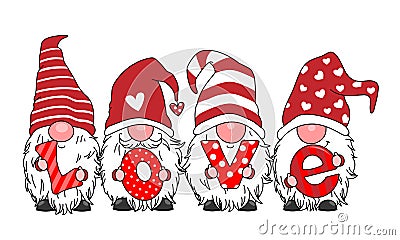 Love card. Four gnomes with the letters love Vector Illustration