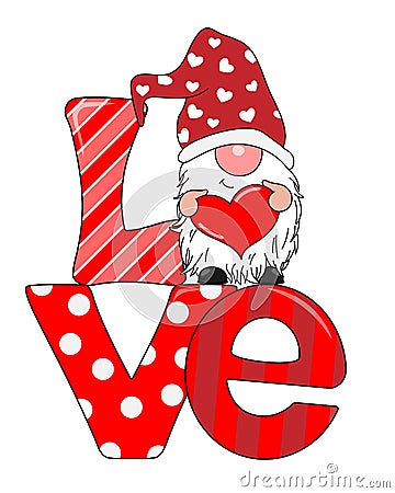 Love card. Gnome with a heart and the letters love. Vector Illustration