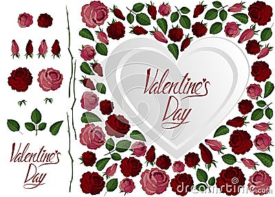 Love card red and pink roses, heart and lettering Vector Illustration