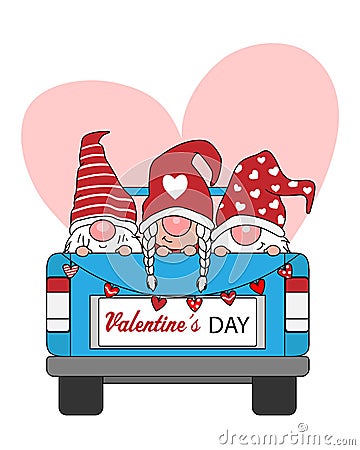 Love card. Three gnomes in a van with hearts. Vector Illustration