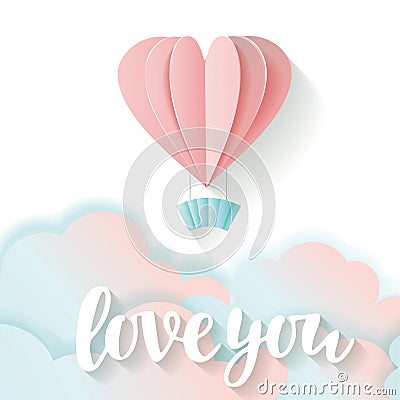 Love card for Valentine`s day. Lettering love you . 3D flying pink and blue Paper heart and clouds Stock Photo