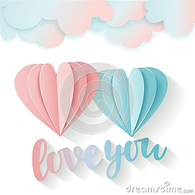 Love card for Valentine`s day. Lettering love you. 3D flying pink and blue Paper heart and clouds. Two romantic hearts Stock Photo