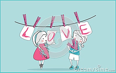 Love cards hanging from clothesline Vector Illustration