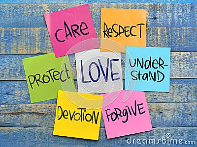 Love care respect devition forgive, text words typography written on paper, life and business motivational inspirational Stock Photo