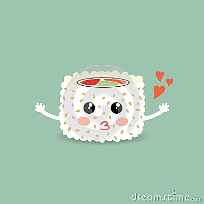 Love cartoon roll, suchi. Cute japanese food. Vector Illustration