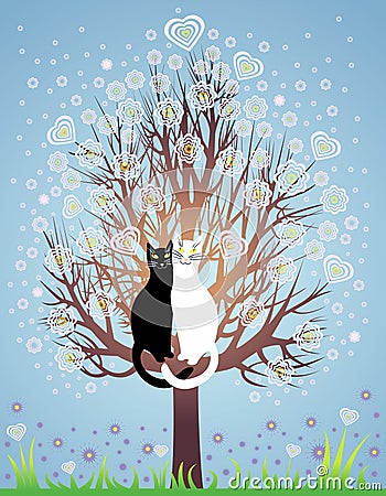 In love cats on a flowering tree Stock Photo