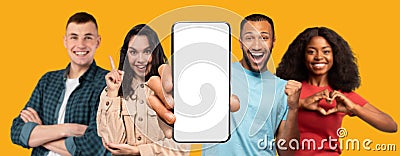 Love, chat and offer. Cheerful excited millennial multiracial people show phone with empty screen, make heart gesture Stock Photo