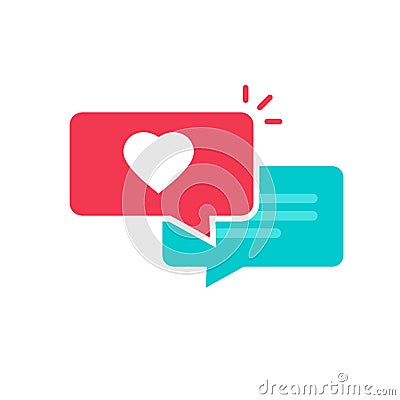 Love chat vector icon, flat cartoon chatting bubbles with heart isolated on white symbol, romance online discussion sign Vector Illustration