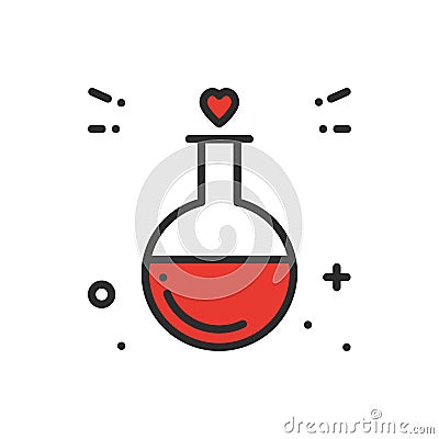 Love chemistry line icon. Test tube love fluid reaction laboratory bottle science romantic love theme. Heart shape Vector Illustration