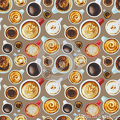 Love coffee seamless watercolor pattern with cups and mugs of hot drink Stock Photo