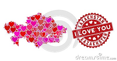 Valentine Heart Collage Kazakhstan Map with Distress Seal Stock Photo