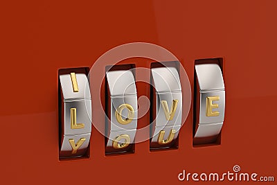 Love with combination lock on red background 3D illustration. Cartoon Illustration