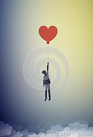 In love concept, boy silhouette holds the red heart shaped balloon and flying up to the sky, dreamer concept, shadow Vector Illustration