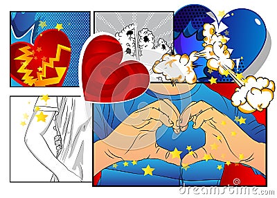 Love concept with hands doing heart symbol shape, in another box hand embracing a hip. Vector Illustration