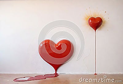 Love concept. Wooden ladder near white wall with big red painted heart Stock Photo