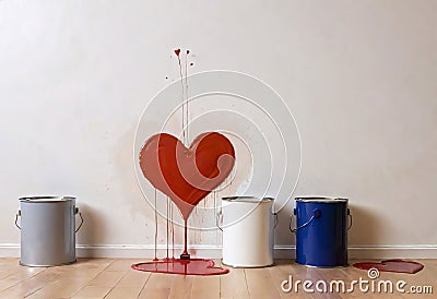 Love concept. Wooden ladder near white wall with big red painted heart Stock Photo