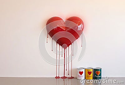 Love concept. Wooden ladder near white wall with big red painted heart Stock Photo