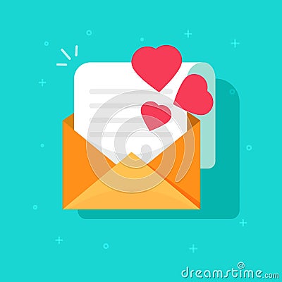 Love confession mail or email vector icon flat cartoon, open envelope with read paper sheet letter and hearts, idea of Vector Illustration