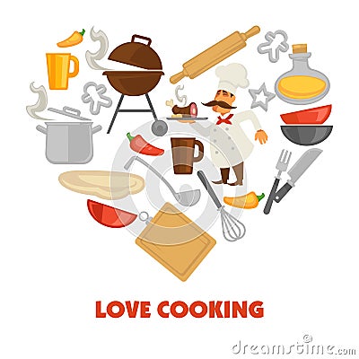 Love cooking promo poster with culinary equipment and male cook Vector Illustration