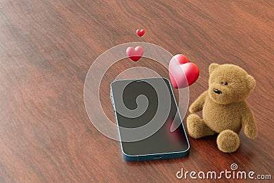 love correspondence. a smartphone next to which is a teddy bear and hearts on a brown background. 3D render Stock Photo