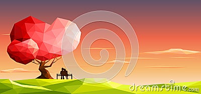 Love couple on bench under love tree. Valentine day concept.Polygonal style Vector Illustration