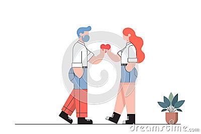 love couple has a good relationship,man and woman holding a red heart shape. Cartoon Illustration