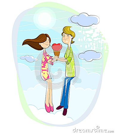 Love couple with heart shaped icecream Vector Illustration