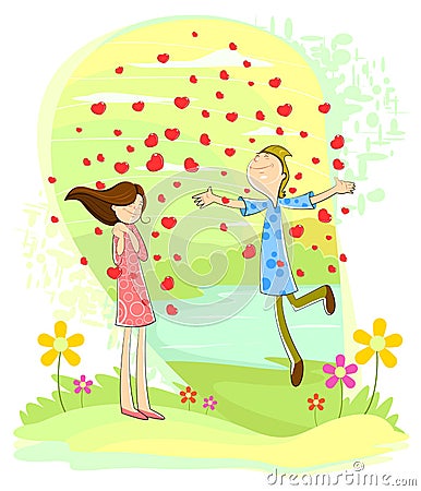 Love couple with heart showering Vector Illustration