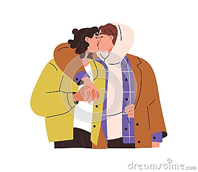 Love couple kissing, hugging. Young sexy man and woman, holding hands. Enamored aroused romantic people, girlfriend and Vector Illustration