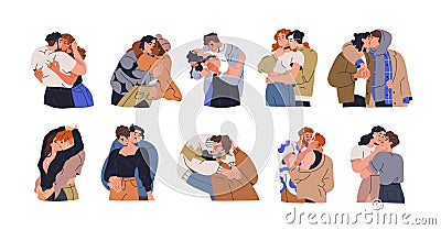 Love couple kissing in lips, neck with passion. Sensual sexual hugs of sexy men, women lovers in romantic intimate Cartoon Illustration